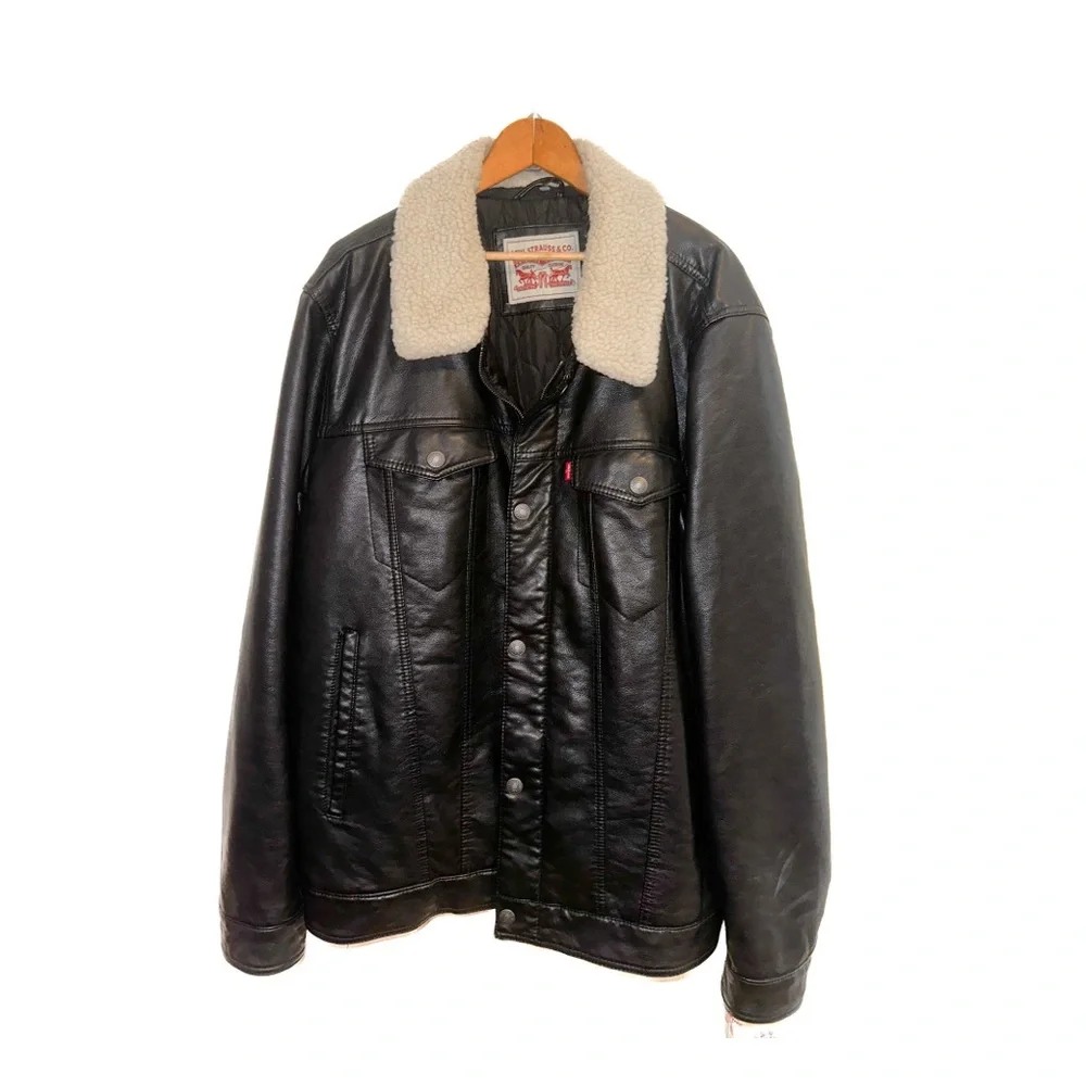 Levi's Men's Faux Leather Sherpa Trucker Jacket, Black/Quilted Lining - Picture 3 of 4